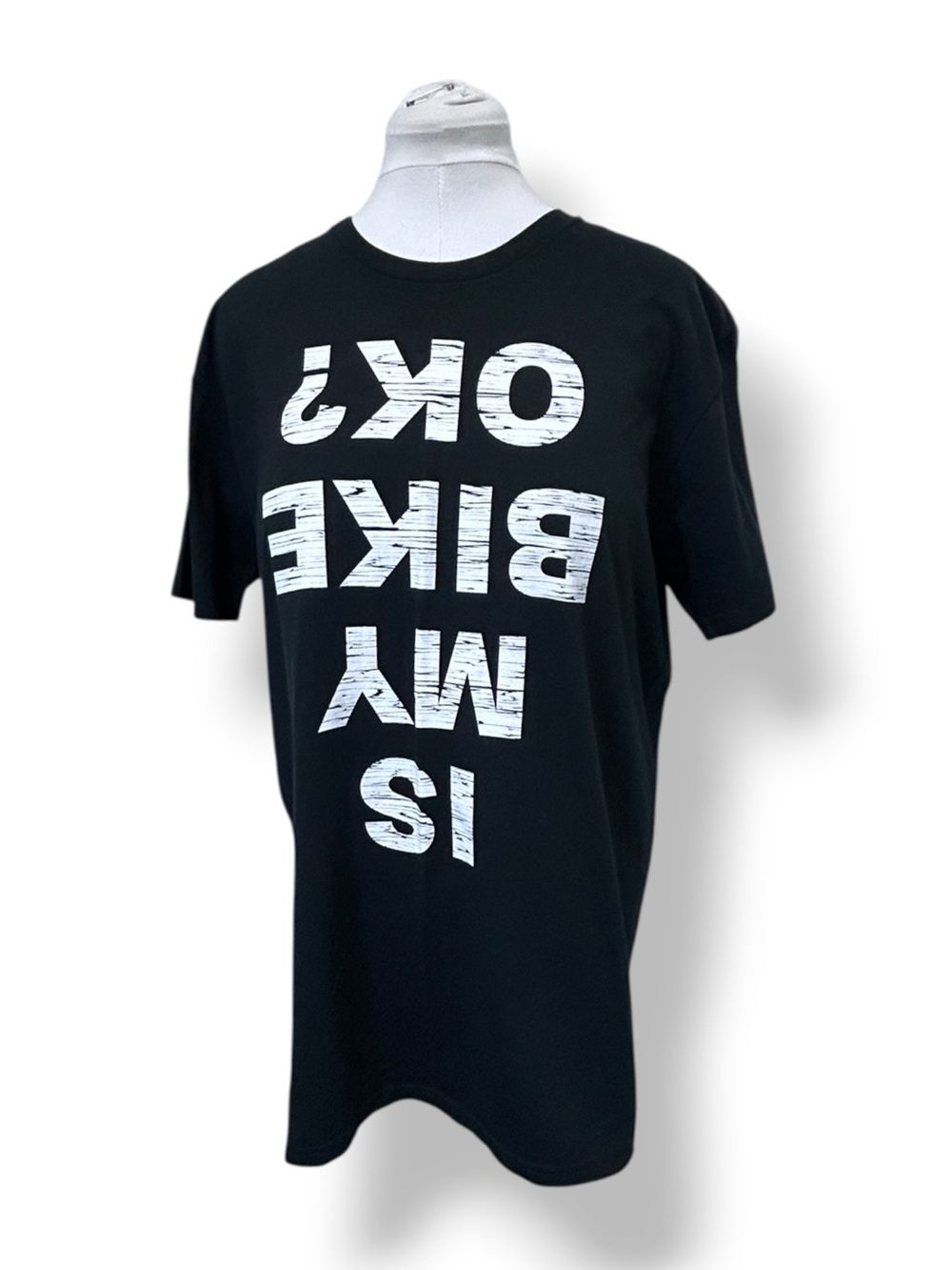 Mens Short-Sleeve Tee with White Distressed "IS MY BIKE OK?" Graphic Black L